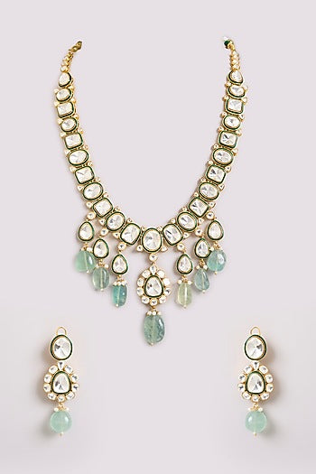 Gold Finish Kundan Polki & Mint Stone Long Necklace Set