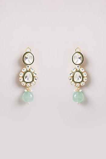 Gold Finish Kundan Polki & Mint Stone Long Necklace Set