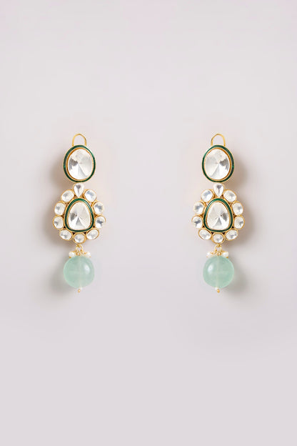 Gold Finish Kundan Polki & Mint Stone Long Necklace Set