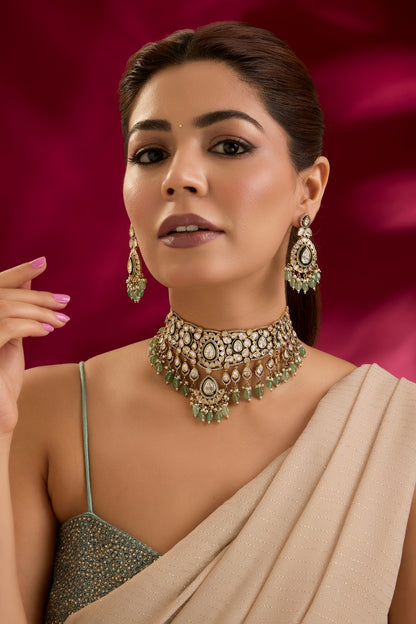 Gold Finish Kundan Polki & Mint Stone Choker Necklace Set
