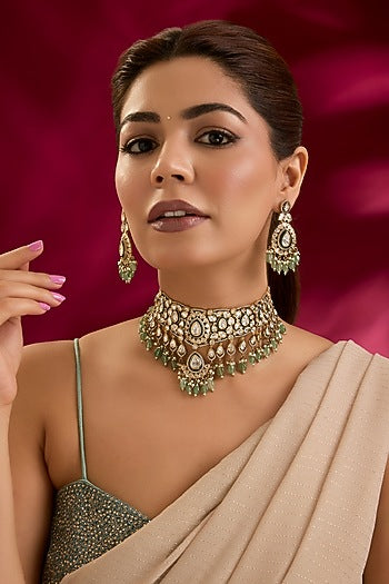 Gold Finish Kundan Polki & Mint Stone Choker Necklace Set
