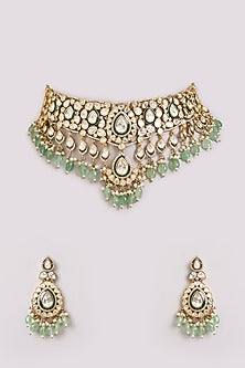 Gold Finish Kundan Polki & Mint Stone Choker Necklace Set