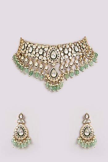 Gold Finish Kundan Polki & Mint Stone Choker Necklace Set