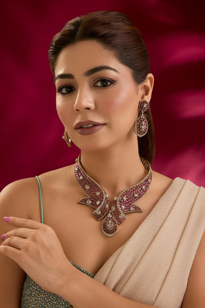 Gold Finish Red & White Stone Necklace Set