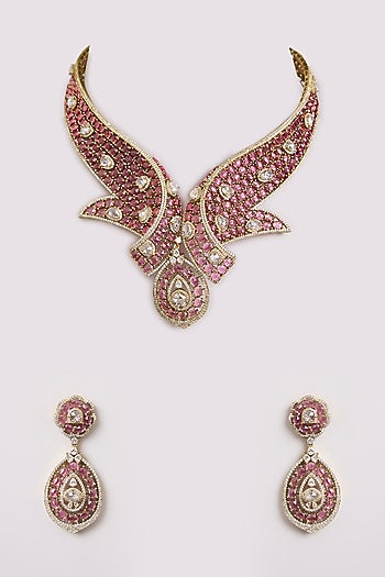 Gold Finish Red & White Stone Necklace Set