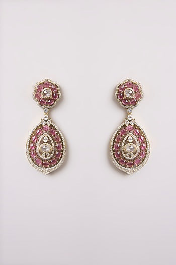 Gold Finish Red & White Stone Necklace Set