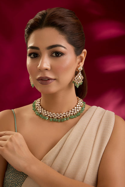 Gold Finish Kundan Polki & Mint Stone Choker Necklace Set