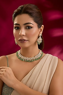 Gold Finish Kundan Polki & Mint Stone Choker Necklace Set