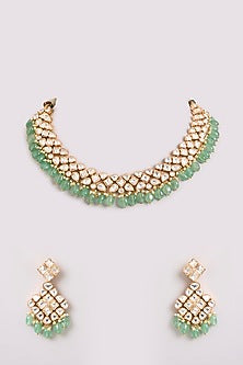 Gold Finish Kundan Polki & Mint Stone Choker Necklace Set