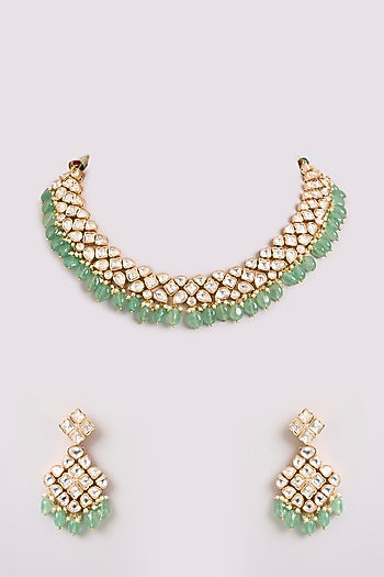 Gold Finish Kundan Polki & Mint Stone Choker Necklace Set