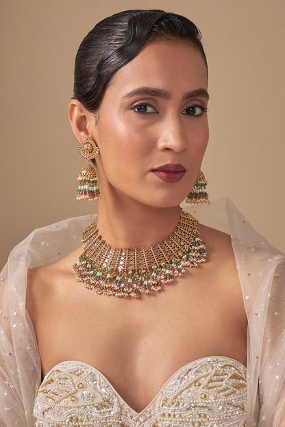 Gold Finish Kundan Polki Choker Necklace Set