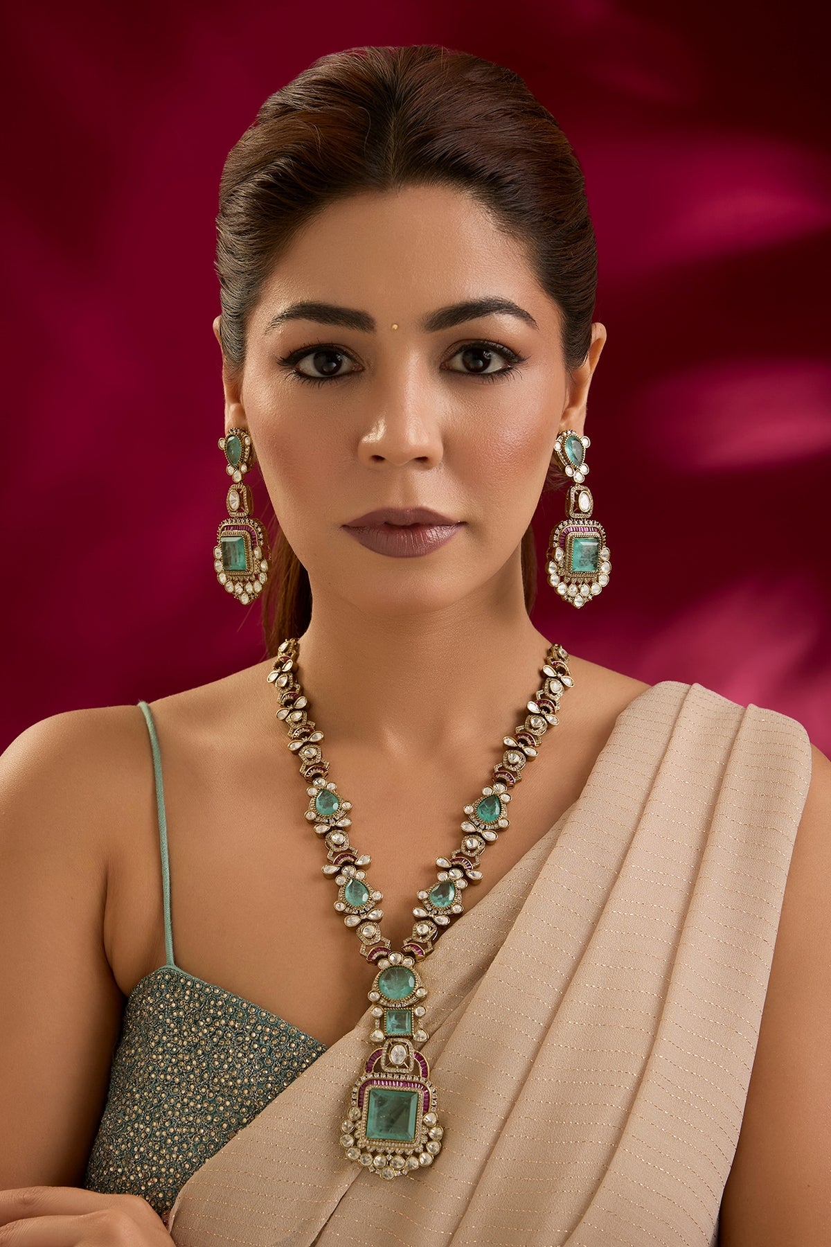 Gold Finish Kundan Polki & Blue Stone Long Necklace Set