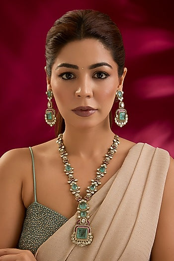 Gold Finish Kundan Polki & Blue Stone Long Necklace Set
