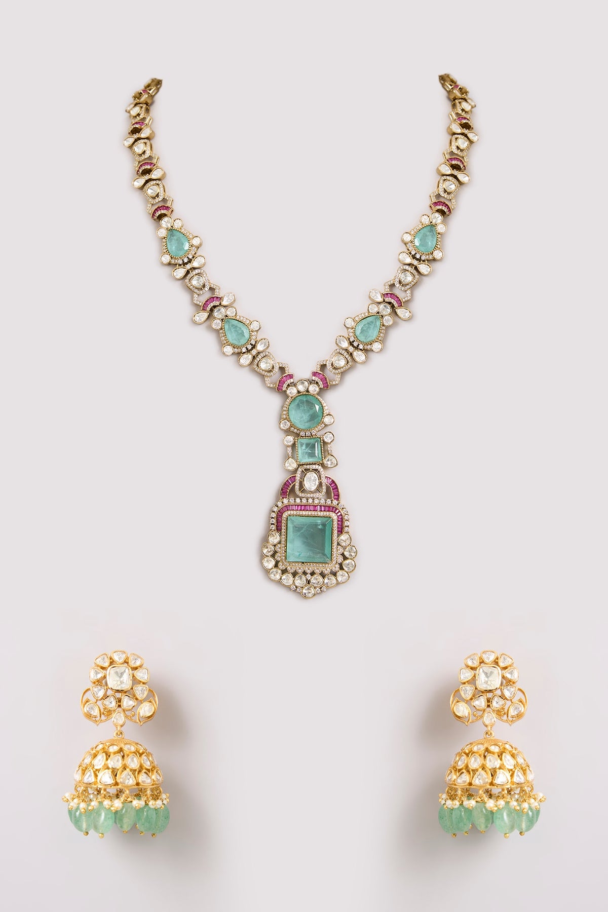 Gold Finish Kundan Polki & Blue Stone Long Necklace Set