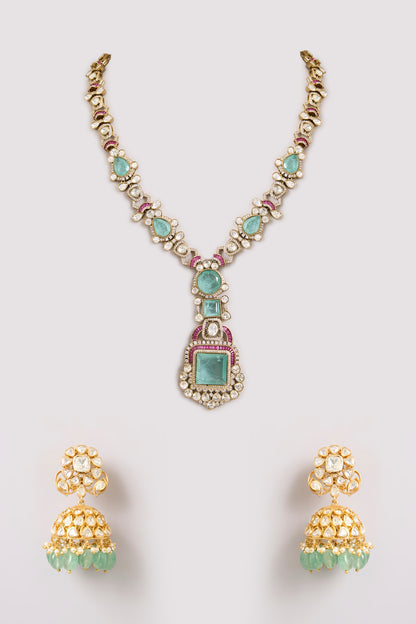 Gold Finish Kundan Polki & Blue Stone Long Necklace Set