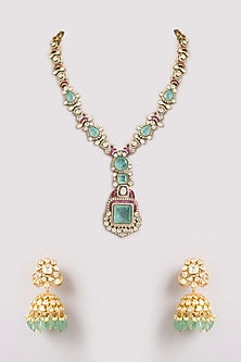 Gold Finish Kundan Polki & Blue Stone Long Necklace Set