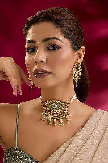 Gold Finish Kundan Polki & Seed Pearl Choker Necklace Set