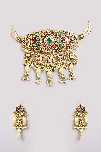 Gold Finish Kundan Polki & Seed Pearl Choker Necklace Set