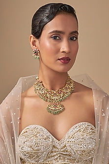 Gold Finish Kundan Polki & Green Stone Necklace Set