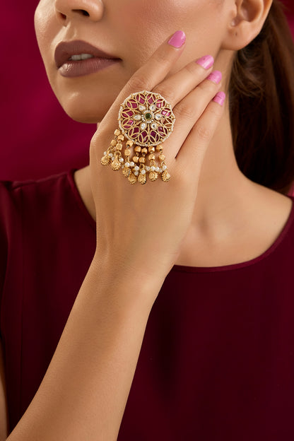 Gold Finish Kundan Polki Adjustable Ring
