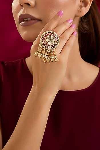 Gold Finish Kundan Polki Adjustable Ring