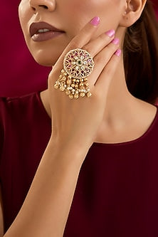 Gold Finish Kundan Polki Adjustable Ring