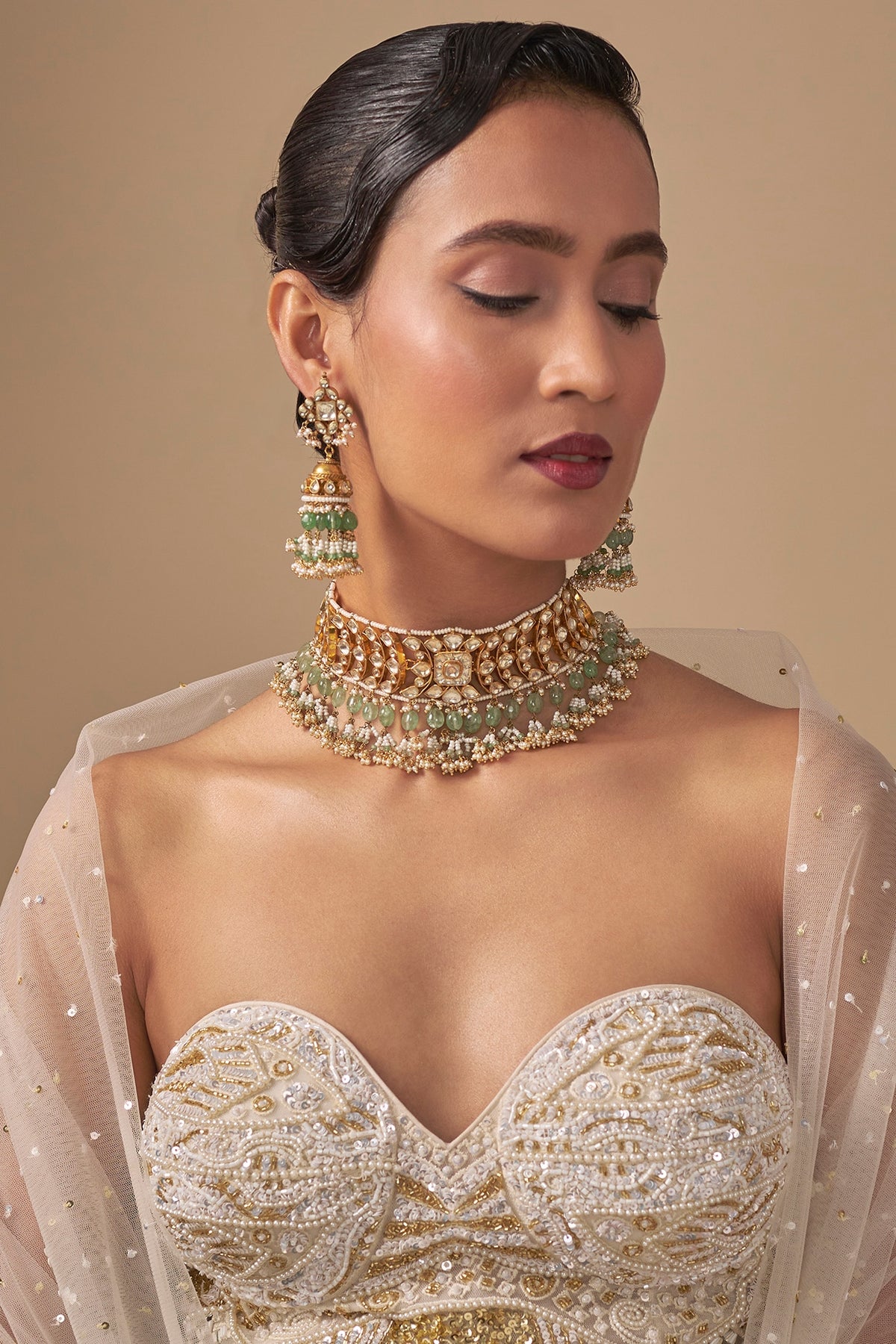 Gold Finish Kundan Polki & Green Stone Necklace Set