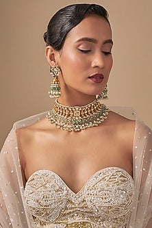 Gold Finish Kundan Polki & Green Stone Necklace Set
