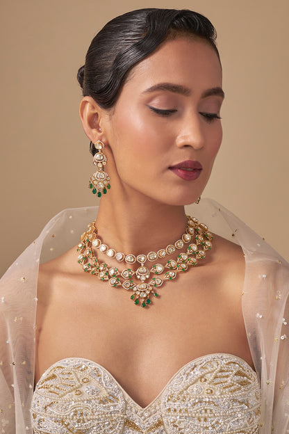 Gold Finish Kundan Polki Necklace Set