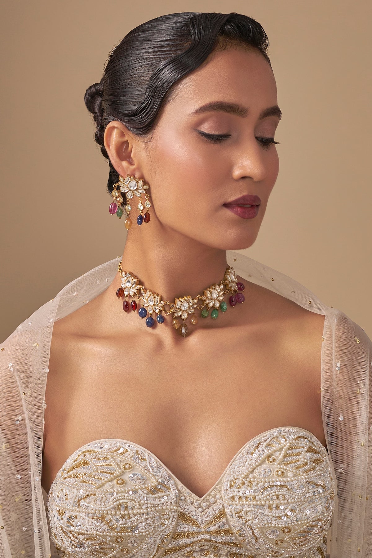 Gold Finish Kundan Polki & Multi-Colored Stone Choker Necklace Set