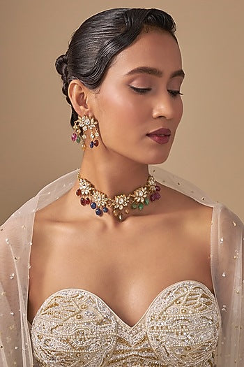 Gold Finish Kundan Polki & Multi-Colored Stone Choker Necklace Set
