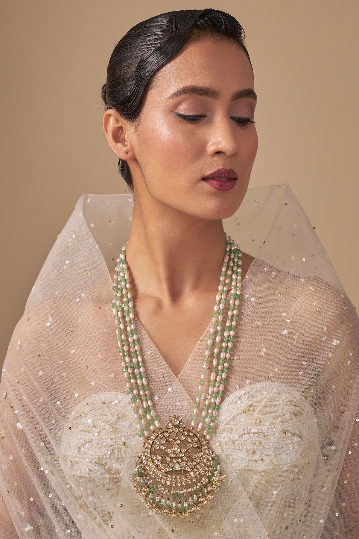 Gold Finish White & Green Beaded Long Necklace
