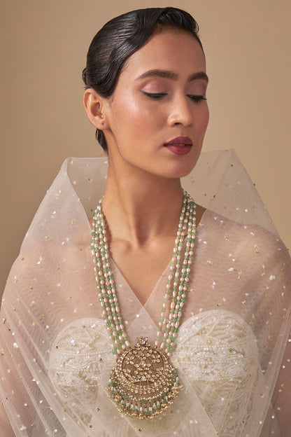 Gold Finish White & Green Beaded Long Necklace