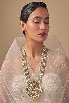 Gold Finish White & Green Beaded Long Necklace