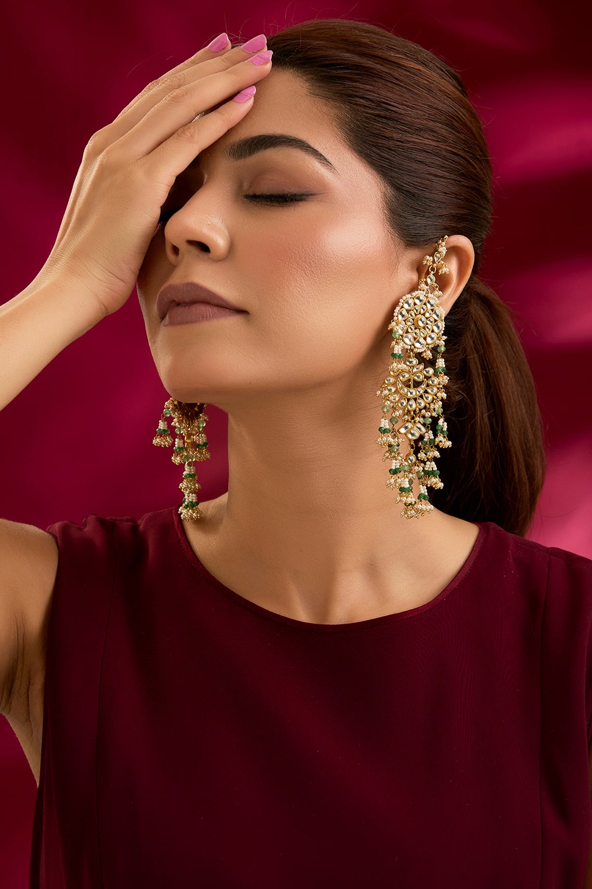 Gold Finish Kundan Polki & Seed Pearl Dangler Earrings