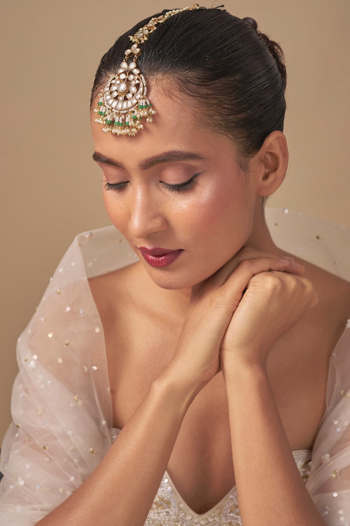 Gold Finish Kundan Polki & Green Stone Maangtikka