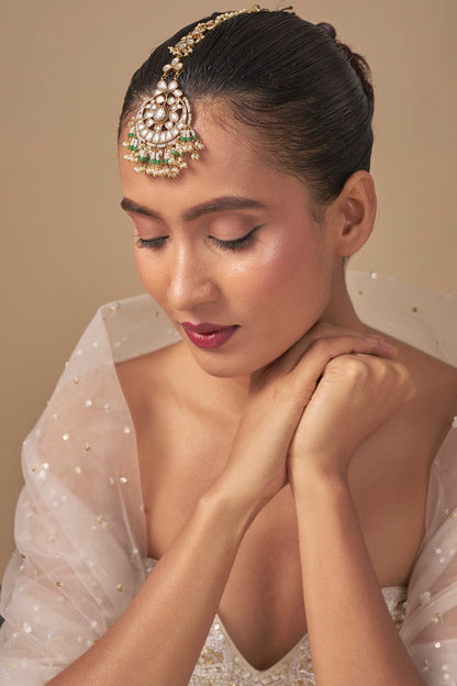 Gold Finish Kundan Polki & Green Stone Maangtikka