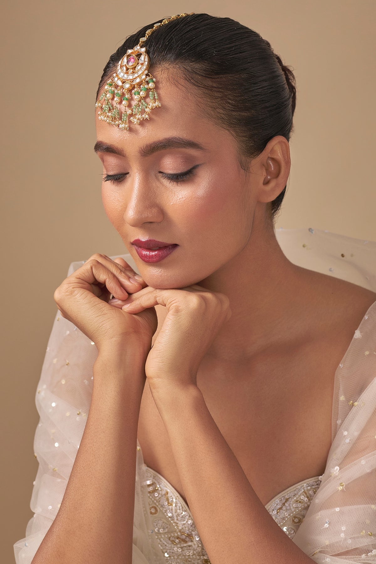 Gold Finish Kundan Polki & Pearl Maangtikka