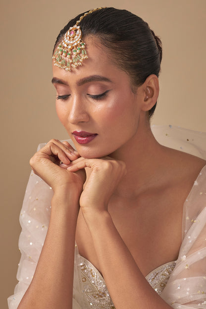 Gold Finish Kundan Polki & Pearl Maangtikka