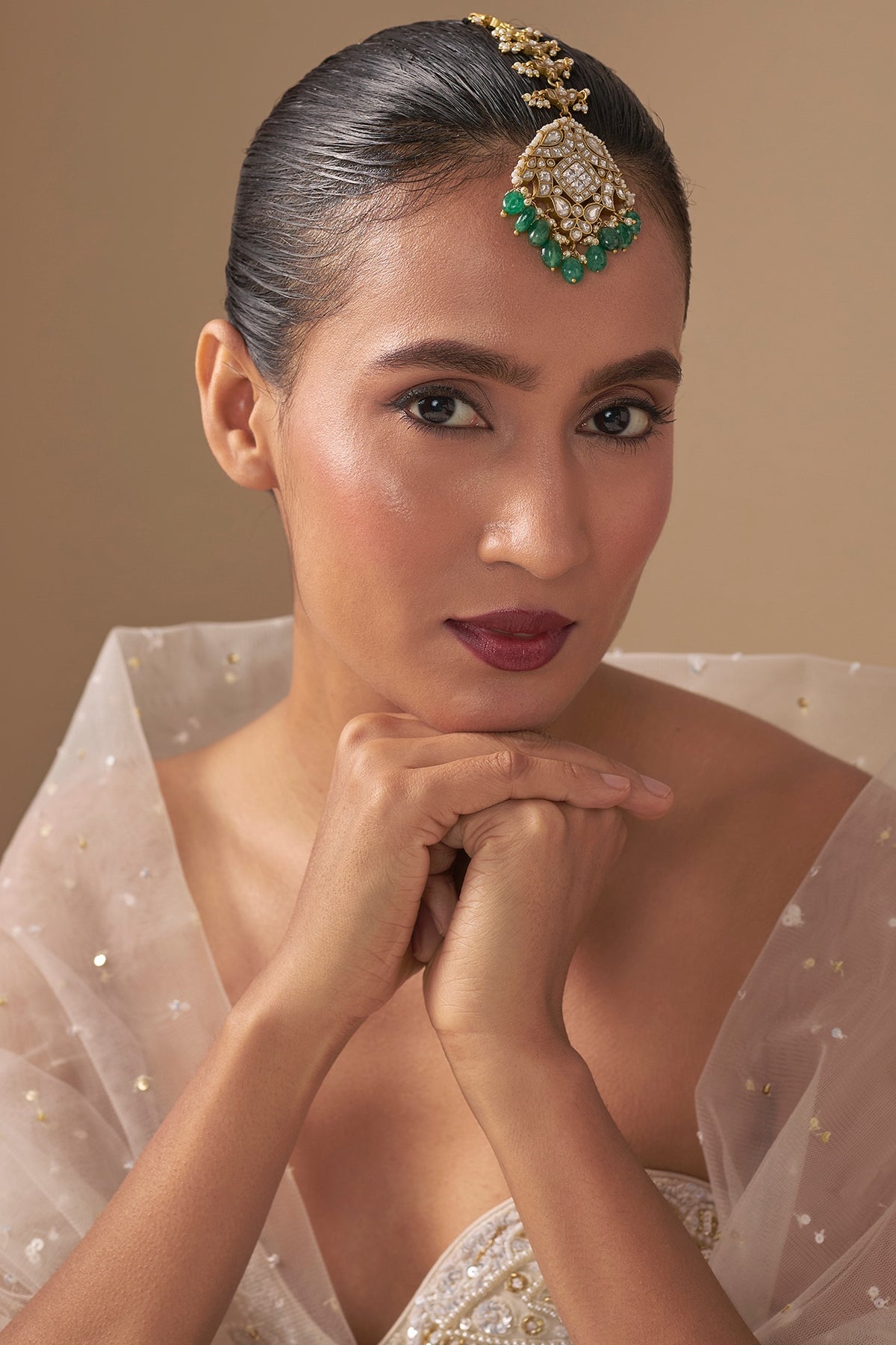 Gold Finish Kundan Polki & Green Stone Maangtikka