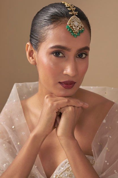 Gold Finish Kundan Polki & Green Stone Maangtikka