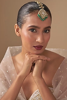 Gold Finish Kundan Polki & Green Stone Maangtikka