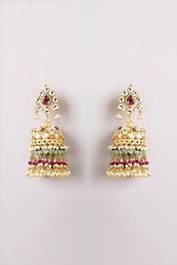 Gold Finish Kundan Polki Jhumka Earrings