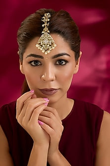 Gold Finish Kundan Polki & Pearl Maangtikka