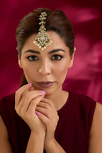 Gold Finish Kundan Polki & Pearl Maangtikka