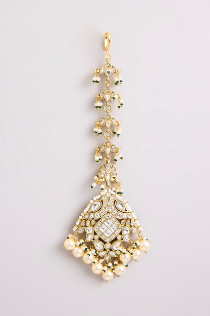 Gold Finish Kundan Polki & Pearl Maangtikka