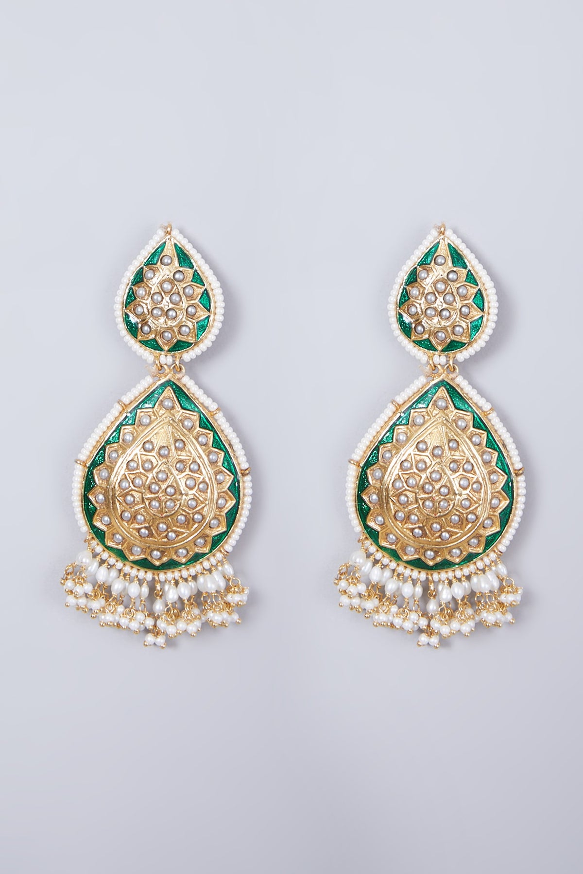 Gold Finish Green & White Jadau Earrings