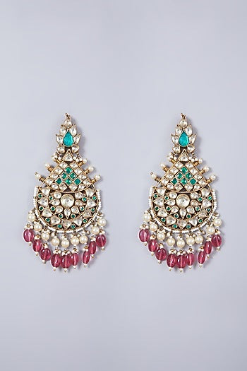 Gold Finish Green Onyx & Kundan Polki Earrings