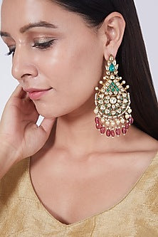 Gold Finish Green Onyx & Kundan Polki Earrings