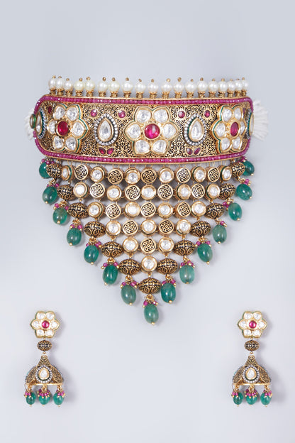 Gold Finish Kundan Polki Choker Necklace Set